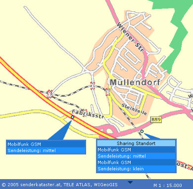Das sterreichische Senderkastaster weist fr Mllendorf zwei GSM-Standorte mit drei Mobilfunksendern aus  Grafik: senderkataster.at