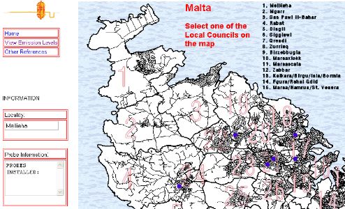 Jeder blaue Punkte in der Karte von Malta reprsentiert eine Messstation, deren Messdaten sich in Portionen zu maximal 31 Tagen abfragen lassen