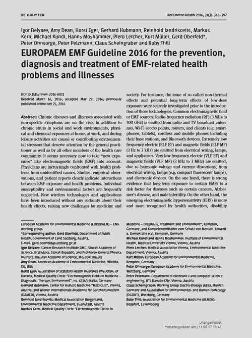 Wissenschaftliche Publikation der EMF-Leitline in der Zeitschrift  "Reviews on Environmental Health"